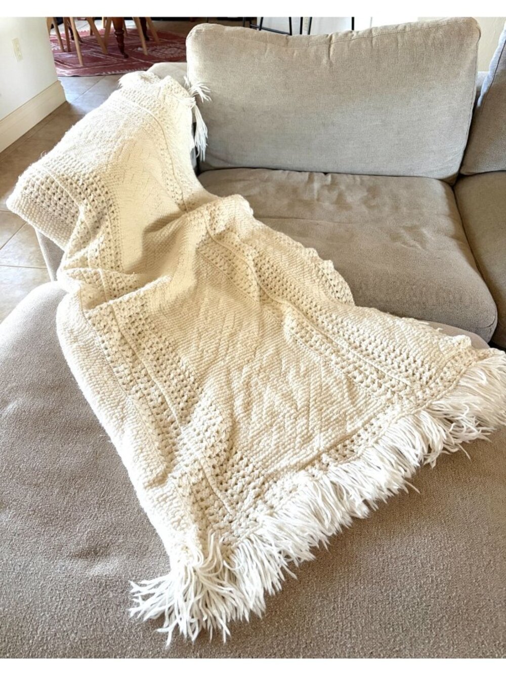 Handknit Ivory Cream Afghan Oversized Lapghan Throw Blanket
